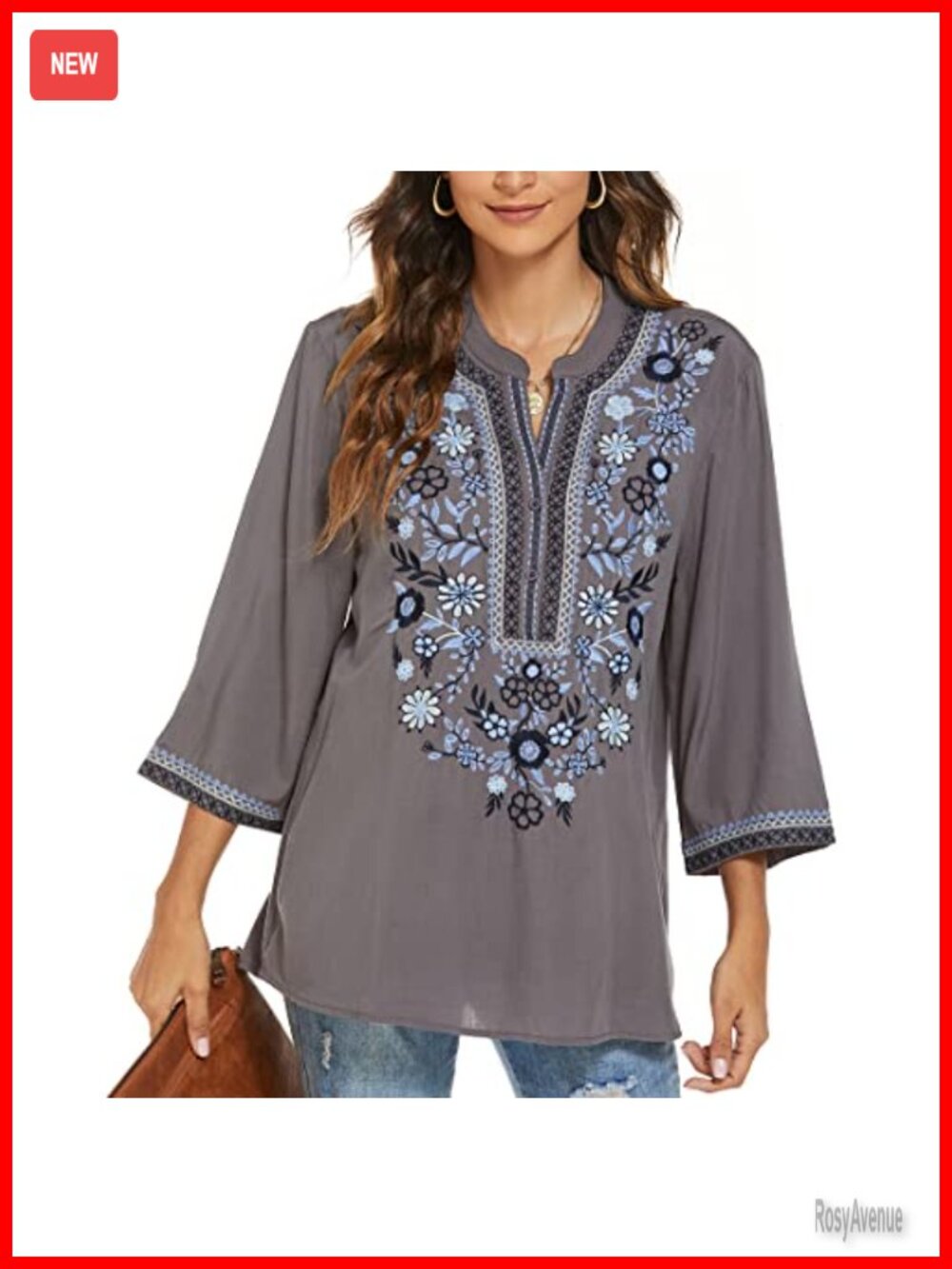 Women's Embroidered Tunic Blouse 3/4 Sleeve V-Neck Peasant Top
